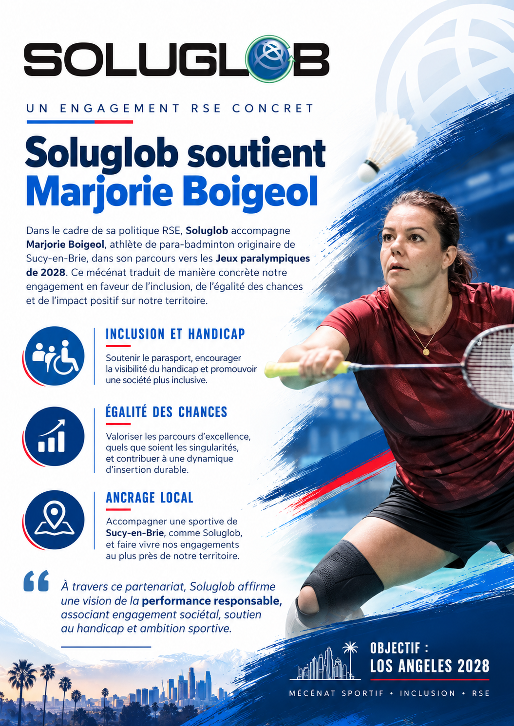SOLUGLOB soutient Marjorie Boigeol, athlète de para-badminton, dans le cadre de sa démarche RSE